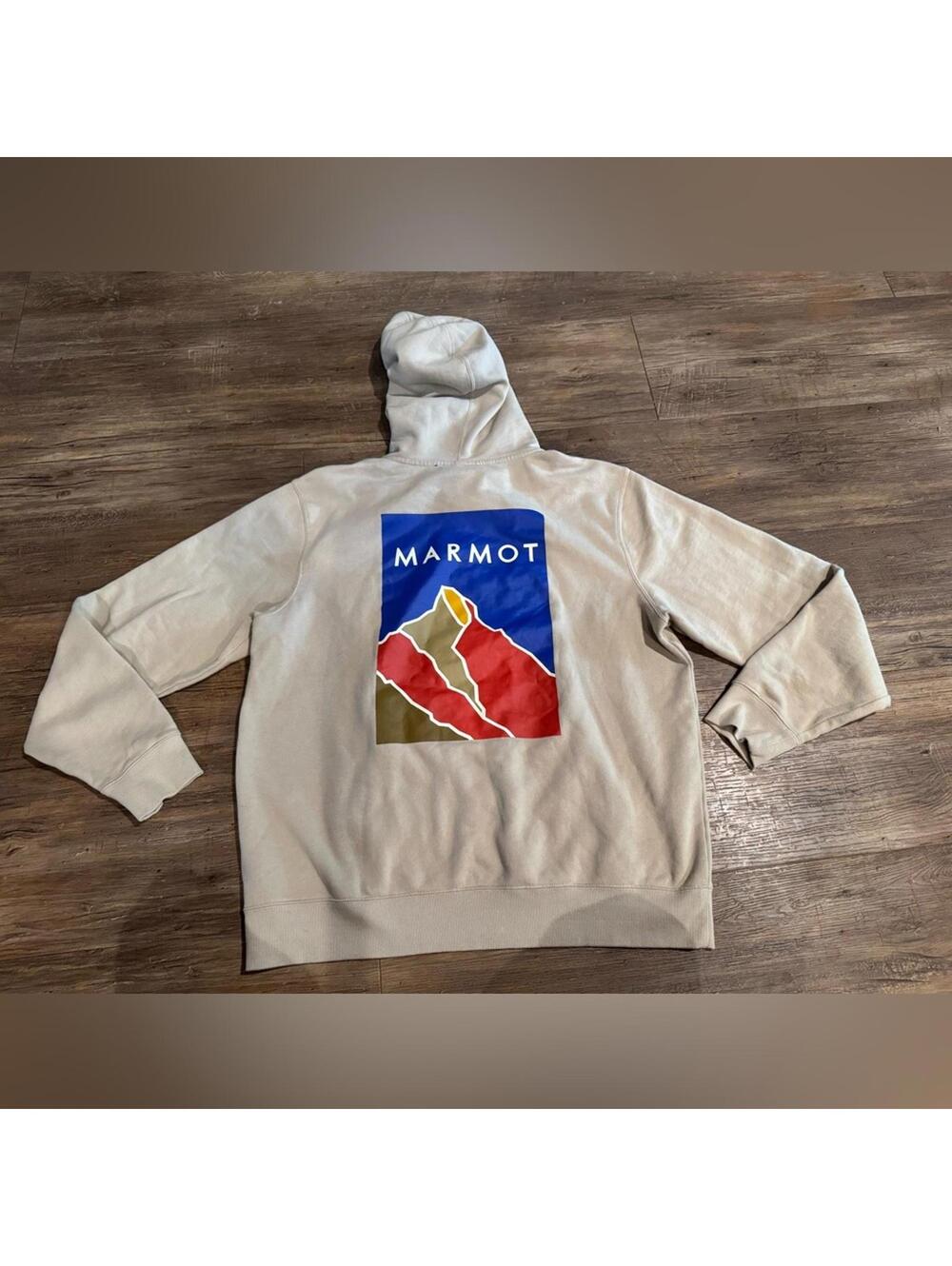 Marmot Mountain Works Logo Hoodie Tan Maroon Mountains Sz XL